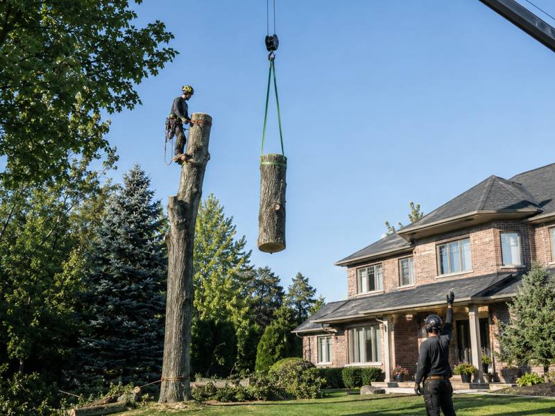 A Rosedale Tree Service crew lifting a cut trunk section clear by crane