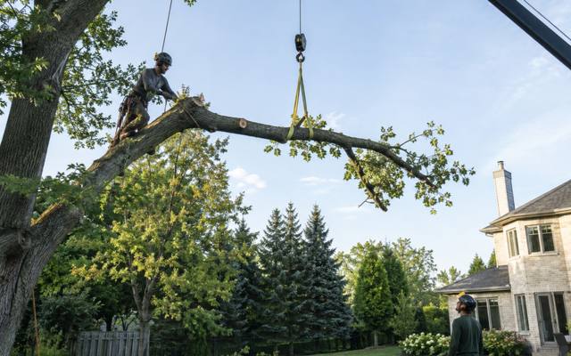 Climber cutting back a long limb, lowered by crane to reduce the crown