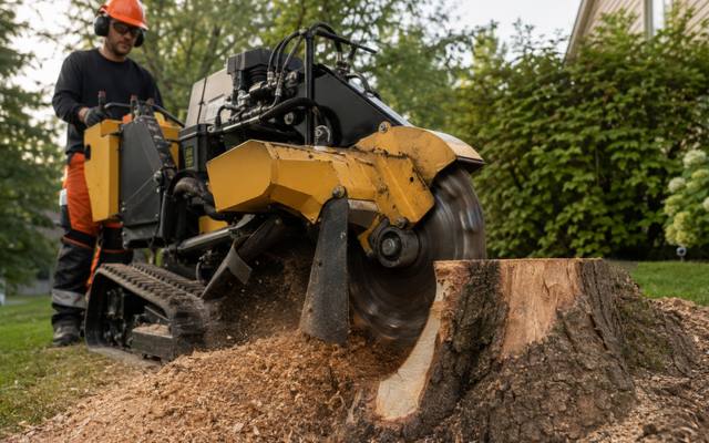 Grinder wheel cutting into a stump with the chips coming off the face
