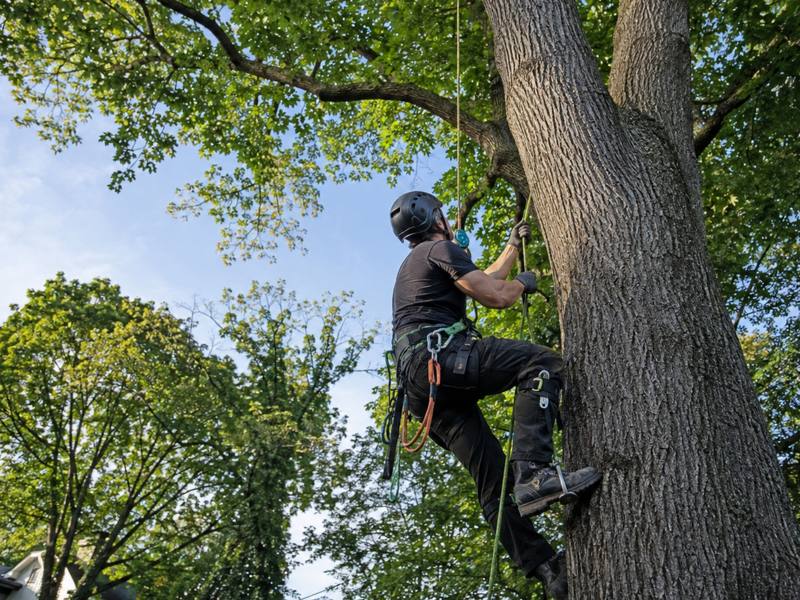 Climber ascending the trunk of a dead ash on rope and spikes